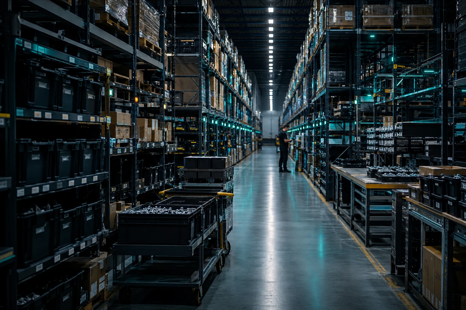 Organized warehouse inventory aisle with material carts