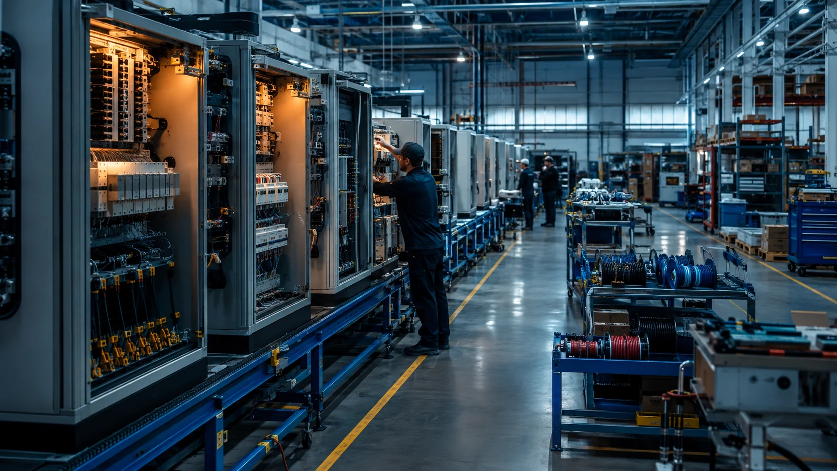 Technicians working across a switchgear production line