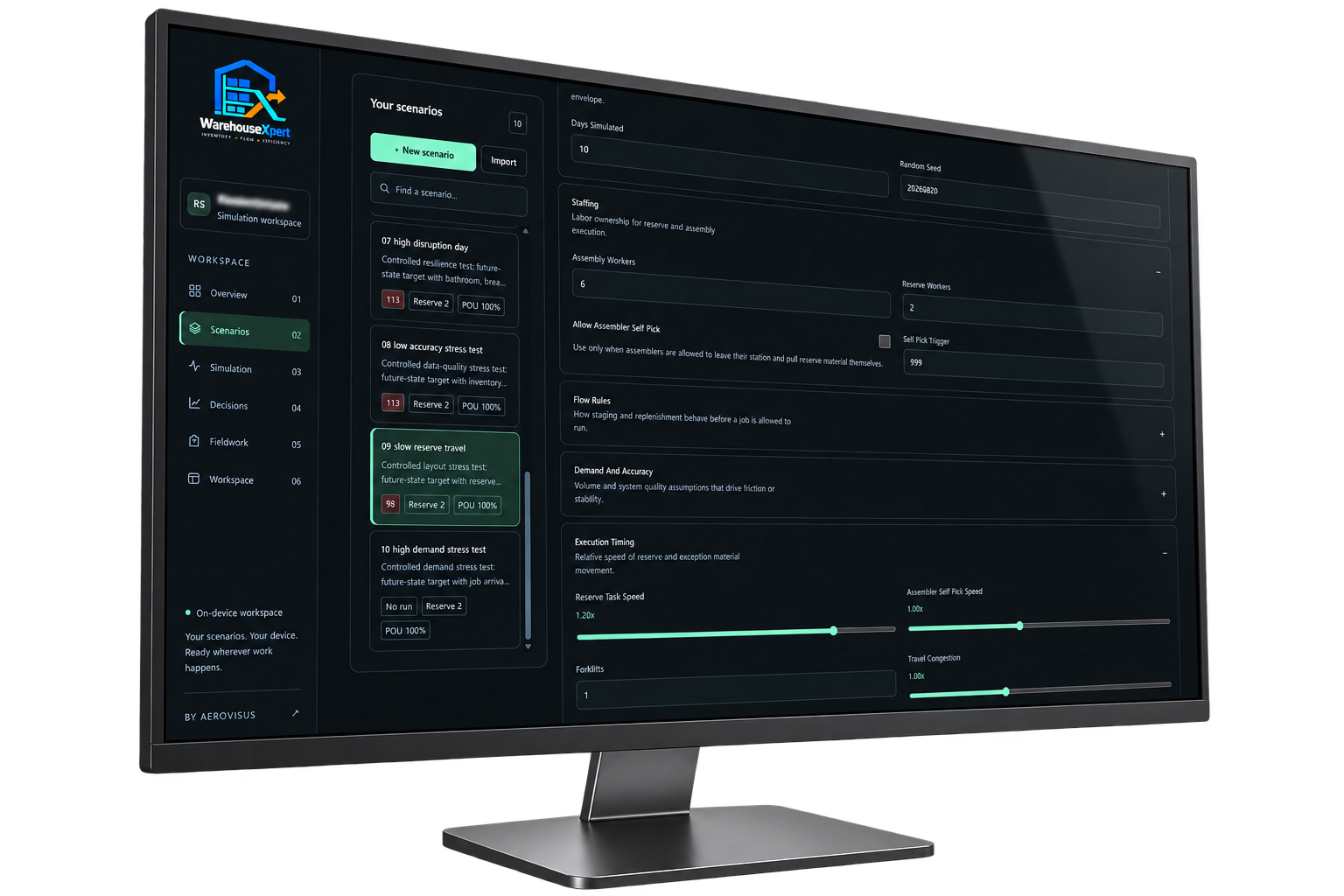 WarehouseXpert scenario settings on a desktop monitor